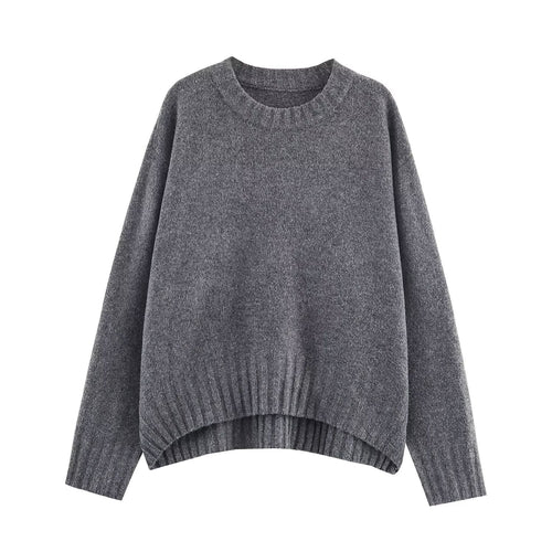 Round neck long sleeved loose fitting pullover knitted sweater for women